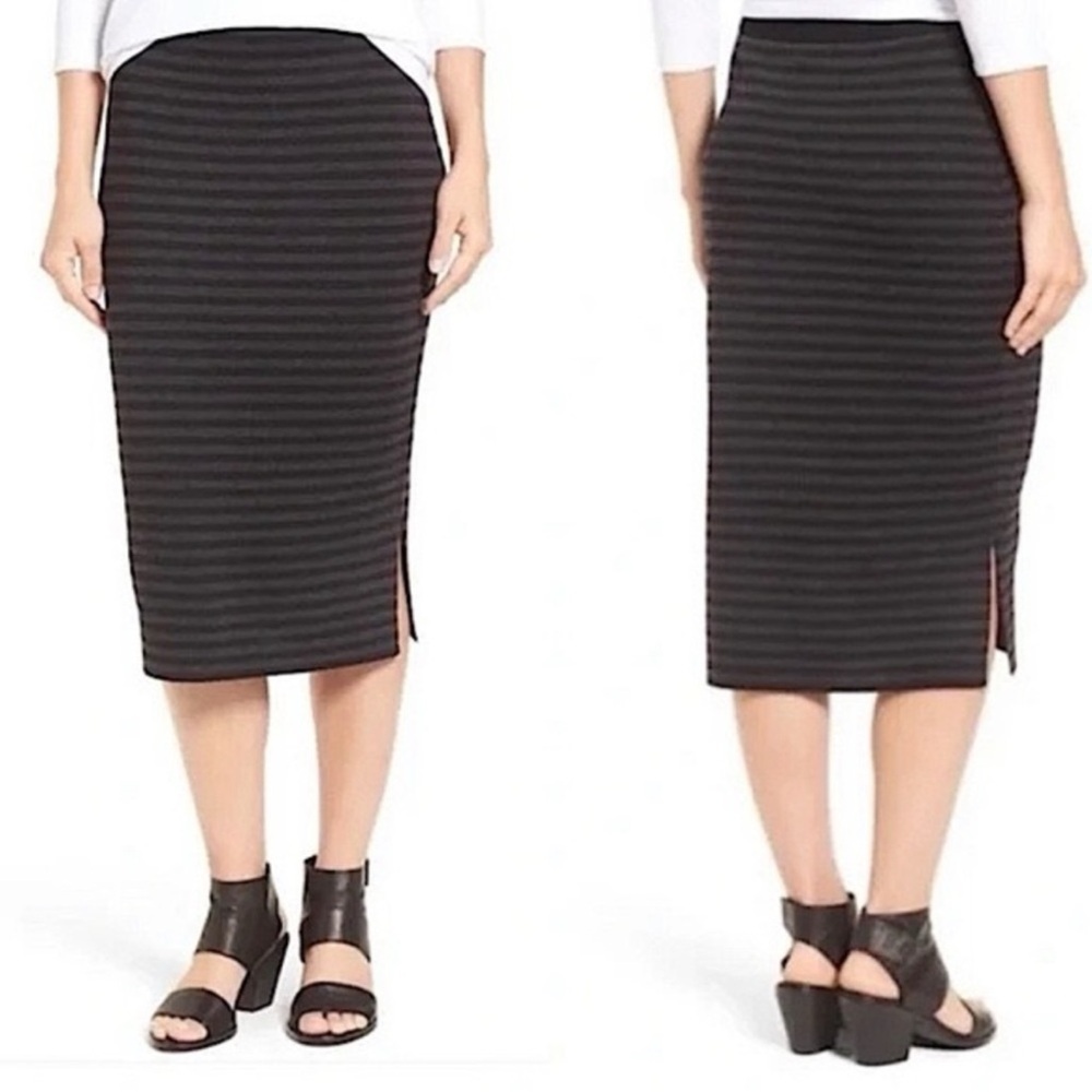Eileen Fisher Striped Merino Wool Knit Pencil Skirt Gray/Black Size L